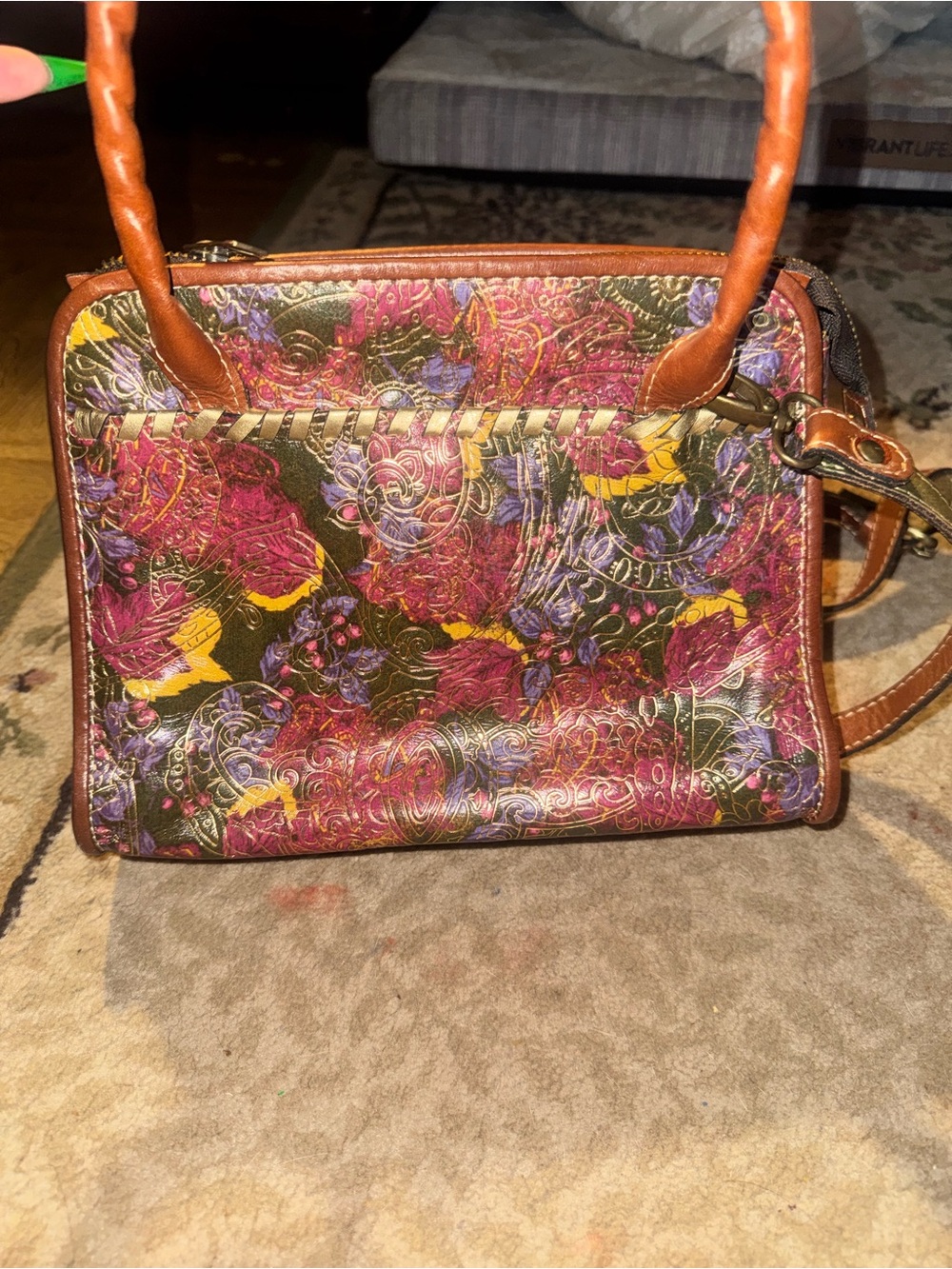 Patricia Nash Floral Embossed Satchel in Brown, Pink, Purple & Yellow